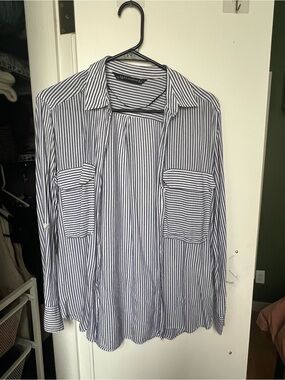 Zara Navy and White Vertical Stripe Button-Down Shirt